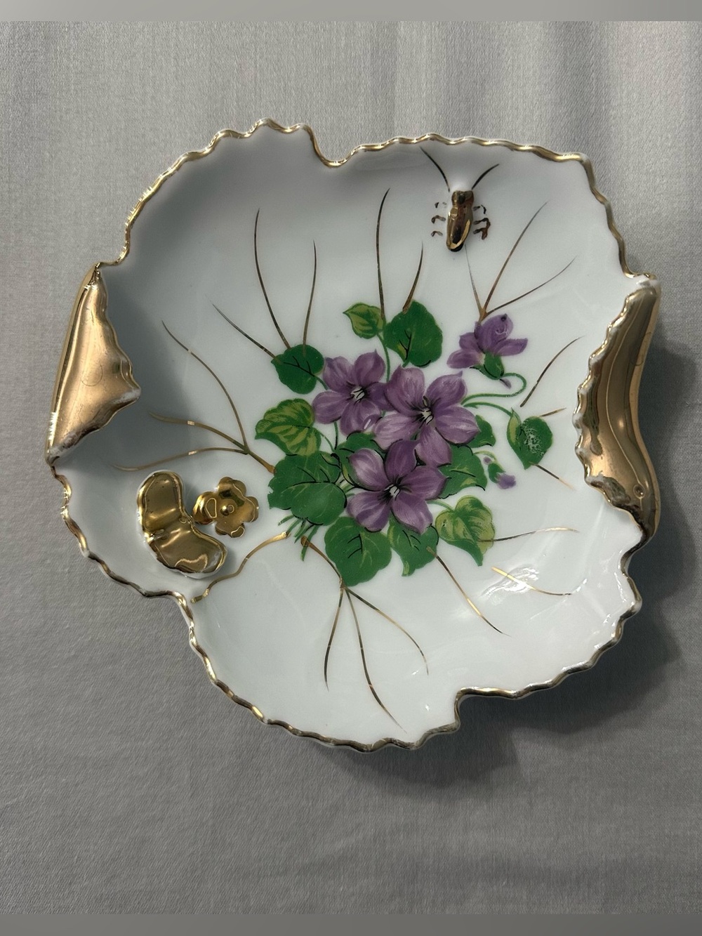 ⁠Vintage NASCO Japan Porcelain Leaf Trinket Dish Hand Painted Violets Gold Trim⁠